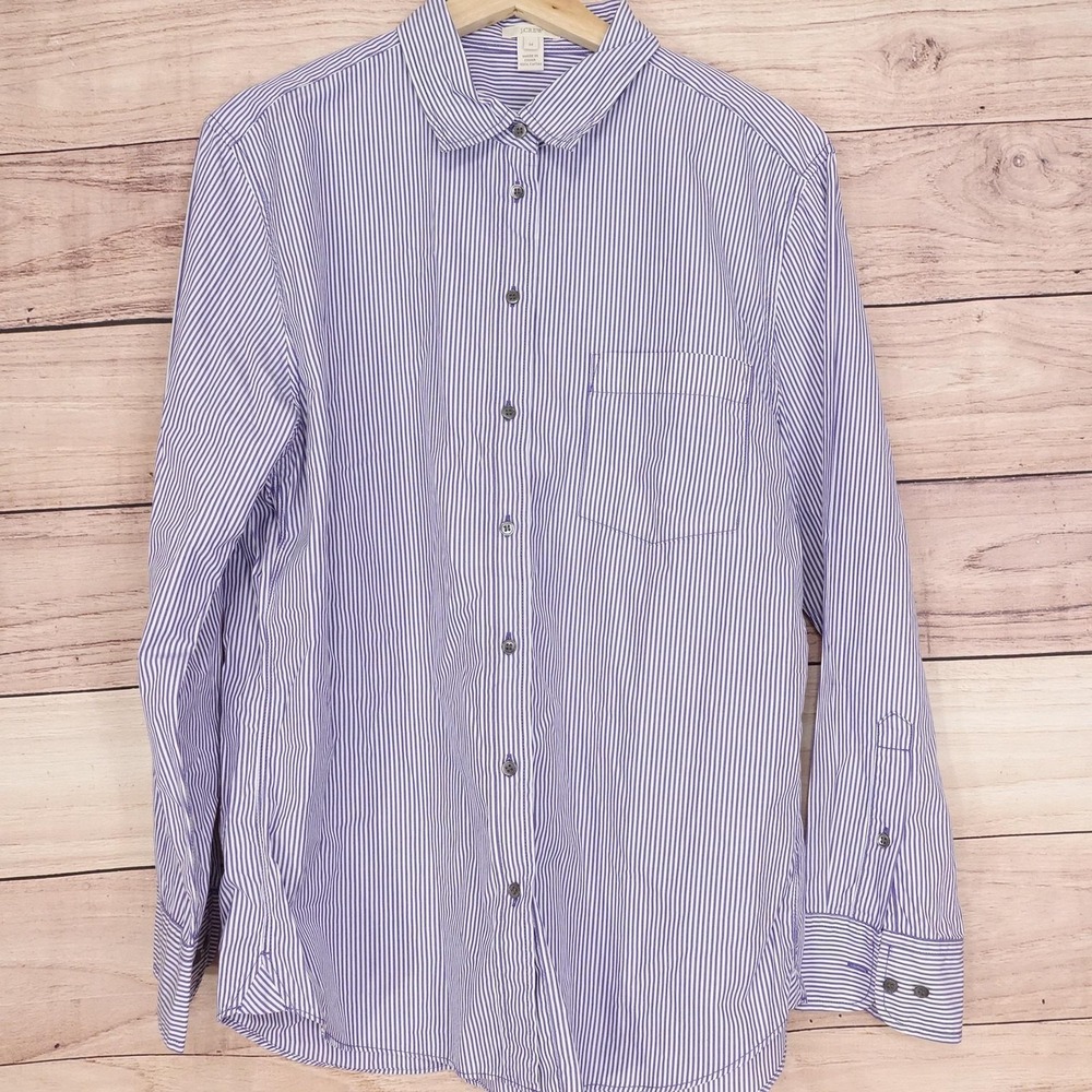J Crew Shirt Medium Blue White Striped Button Up Long Sleeve Cotton Classic